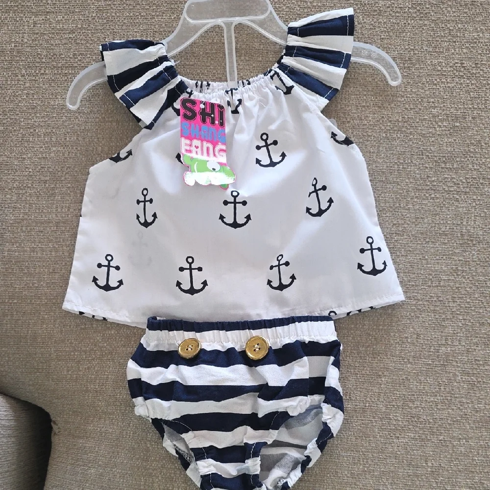 Striped Anchor Print Diaper Cover Set